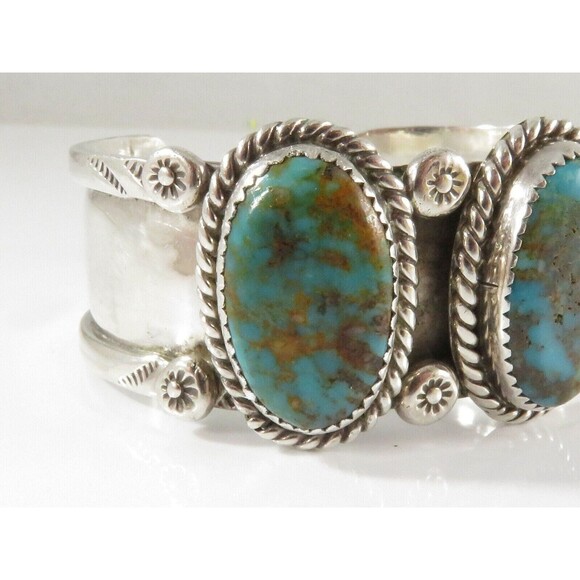 Stunning Sterling Silver Triple Blue Gem Turquoise Navajo Style Unsigned Cuff - Picture 9 of 12
